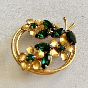 Gold Tone Green Rhinestone Round Floral Flower Circle Pin Brooch........161